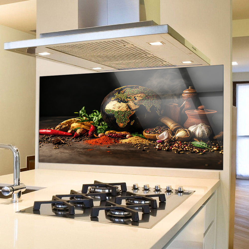 World of Spices Kitchen Glass Splashback | Tempered Toughened Glass Wall Art with UV Printing Technology